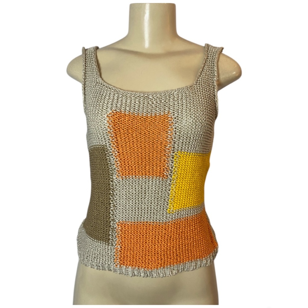 John P Greece Crochet Knit Tank Top Beige Multicolor Geometric Design Sz Small
